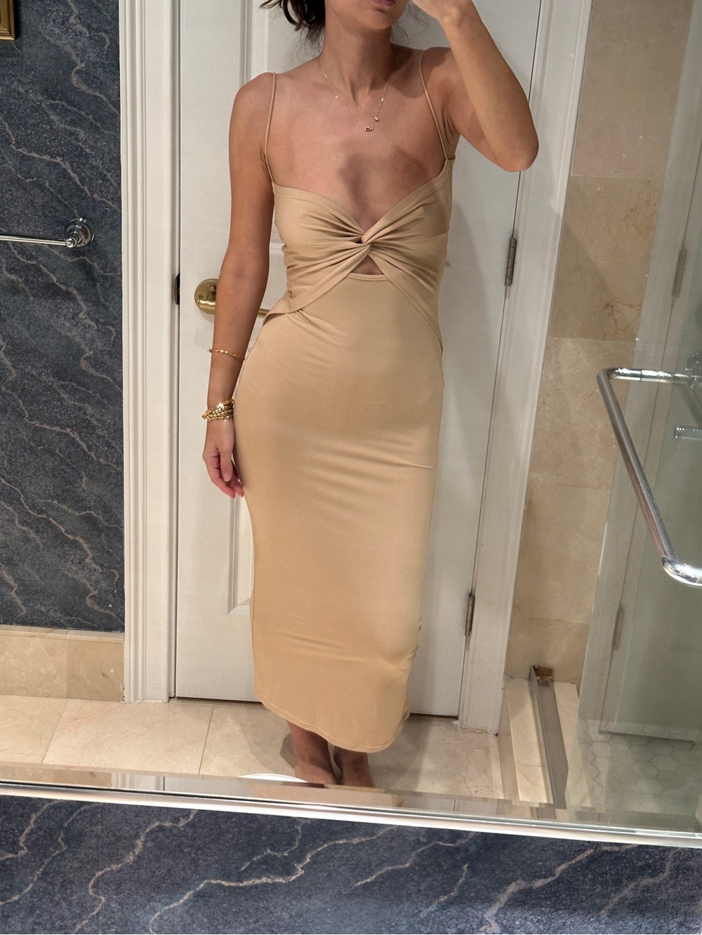 Twist Front Spaghetti Strap Midi Dress in Beige